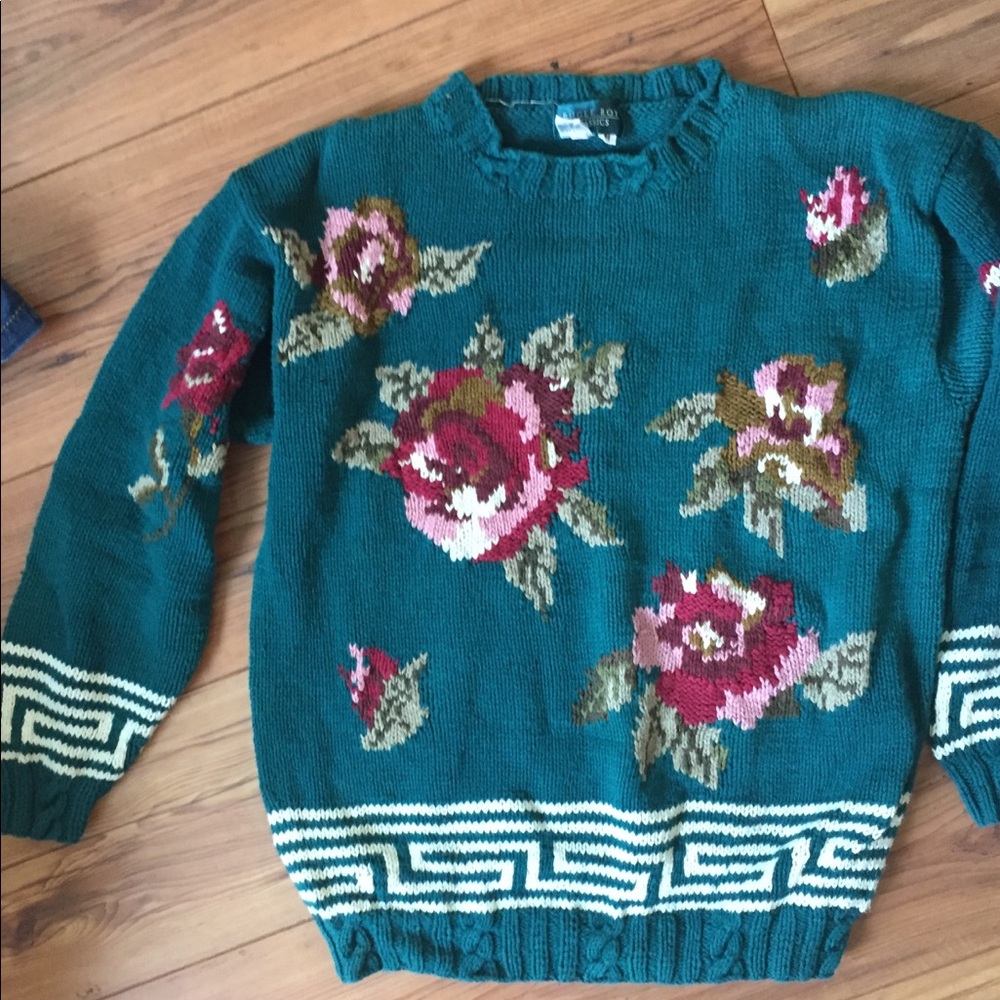 Vintage floral rose Greek key aqua teal sweater M - Picture 2 of 6